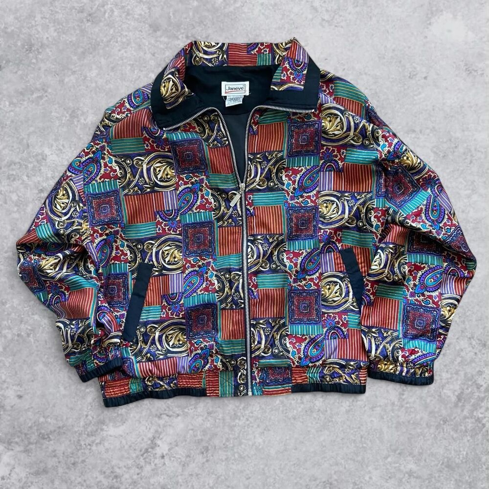 Vintage 90s Janeve 100% Silk 2 Piece Set Bomber Paisley/Baroque Jacket Pants M